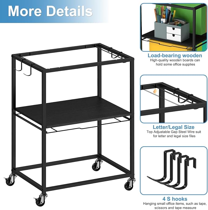 Sunexinlo Rolling File Cart for Letter/Legal Size 2-Tier,Hanging File Organizer, Pull-Out Mobile File Cabinet with 360° Wheels & 4 Hooks, Under Desk Filing Cabinets for Home Office, Black