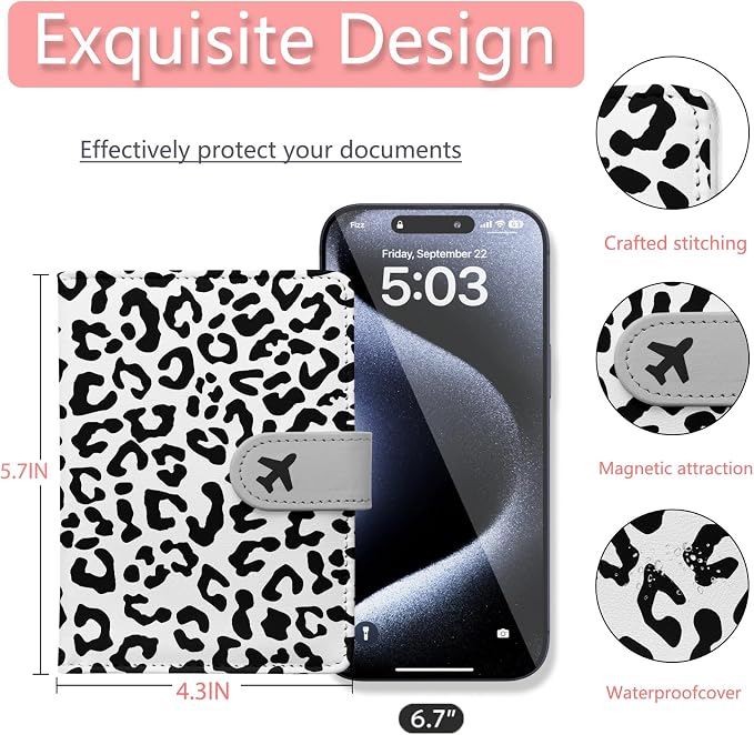 Passport Holder, Cute Travel Wallet Cover with RFID Blocking,Leopard | PU leather travel wallet with magnetic closure, card slots, pen loop, and easy access for passports and essentials.