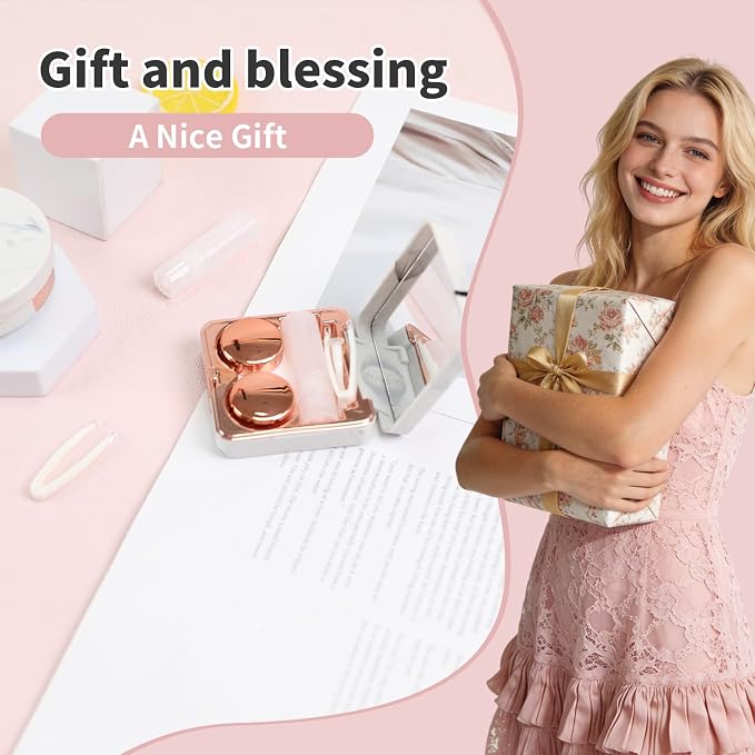 Contact Lens Case, 2 Pack Cute Portable Eye Contacts Travel Box with Mirror Colored Lenses Applicator Remover Tool Kit Solution Bottle for Daily Makeup Office Outdoor (Rose Gold Marble)