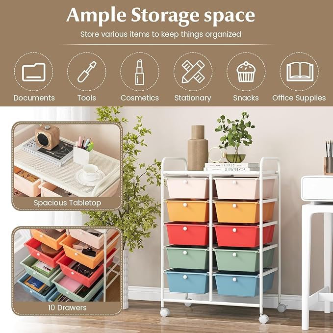 10 Drawer Rolling Cart, Storage Cart Organizer on Wheels, Drawer Cart with Metal Frame & Large Storage Capacity, Rolling Cart with Drawers for Living Room Classroom, Office
