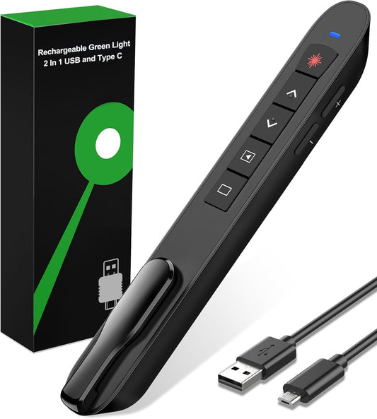 Presentation Clicker Green Laser Pointer, Rechargeable PowerPoint Clicker Wireless Presenter Remote, RF 2.4GHz USB Presentation Pointer Slide Advancer with Hyperlink Volume Control for Mac Computer