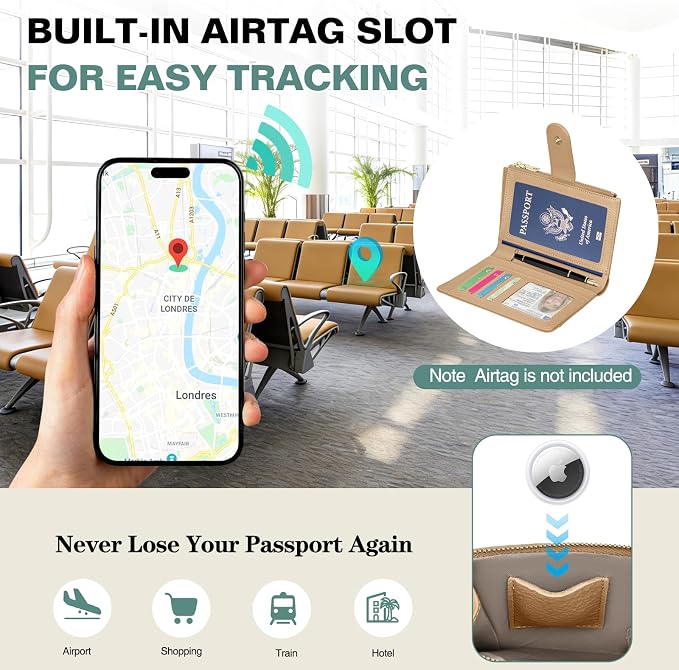 RFID Passport Holder for Travel, Leather Passport Wallet Cover with Airtag | with Airtag Slot, Card Cash Holders, Zippered Coins Pocket, for Women/Men, Gift Box, Travel Essentials, 4.1"L x 1"W x 6.3"H