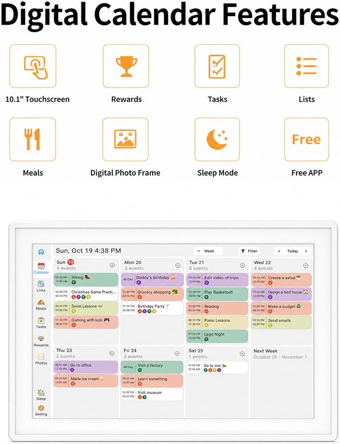 Digital Calendar Wall Planner 10.1 Inch Touch Screen WiFi picture frame | smart Electronic Planner Calendar Sync, Task management, Meal Family Digital Photo Frame Gift wall calendar for Mom Women