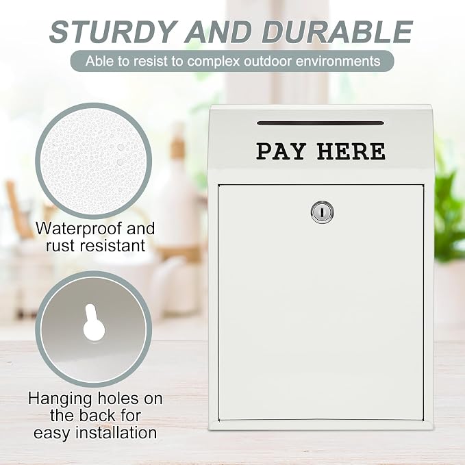 Yaocom Safe Metal Cash Box for Farm Stand – Money Drop and Secure Donation Collection, Wall Mount Lockable Unit with Pre Drilled Holes for Outdoor Self Serve(White,11.8 x 8.6 x 4.7 Inch)