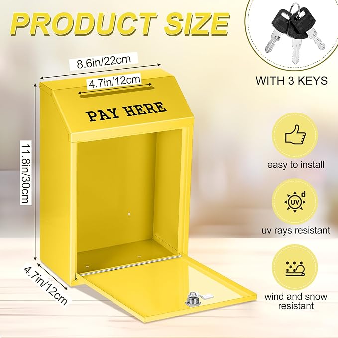 Yaocom Safe Metal Cash Box for Farm Stand – Money Drop and Secure Donation Collection, Wall Mount Lockable Unit with Pre Drilled Holes for Outdoor Self Serve(Yellow,11.8 x 8.6 x 4.7 Inch)