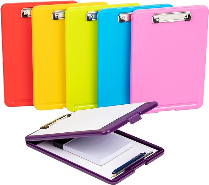 Mind Reader Clipboard with Storage, Teacher, Nursing Clipboard, Plastic, 9.25"L x 13.25"W x 1"H, Set of 6, Assorted Colors