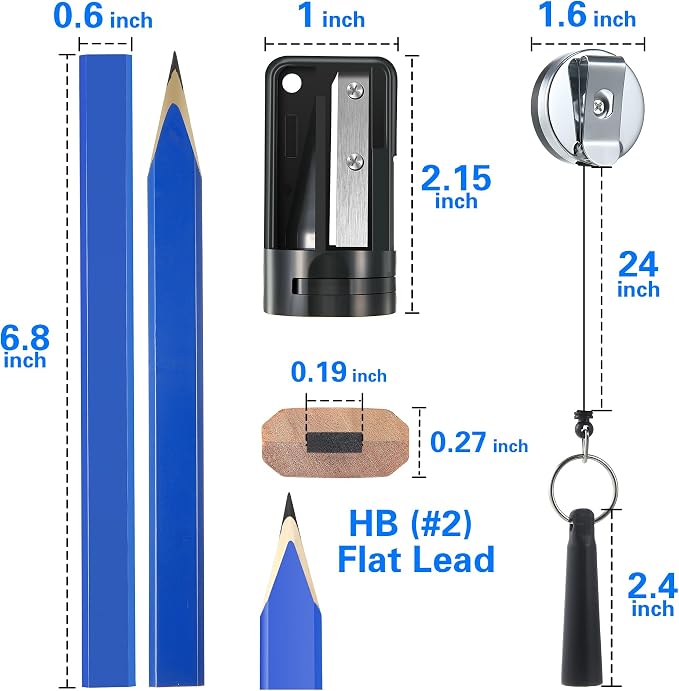 Hiboom 14Pcs Carpenter Pencil, 7" Flat Octagonal Hard Black Marking Pencil | with Pencil Sharpener & Silicone Heavy Duty Retractable Pen Holder, Carpenter Marking Pencils for Woodworking Marking Tool