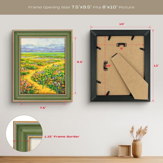 Golden State Art, 8x10 Green With Gold Trim Color Picture Frame - Easel Stand, Sawtooth Hanger - Real Glass, Landscape, Portrait Display - Great for Postcards, Photographs