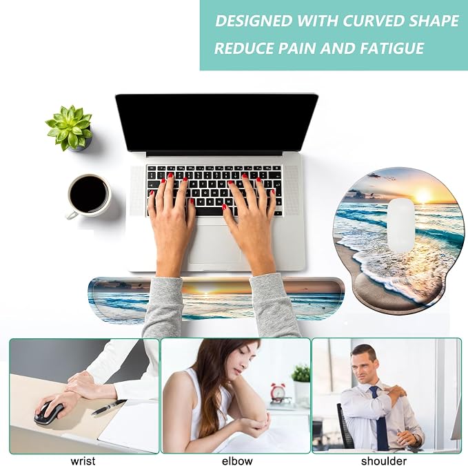 Keyboard Wrist Rest Pad Mouse Pad with Wrist Support Set of 3, Mousepad with Non-Slip Rubber Base, Ergonomic Memory Foam Mouse Wrist Cushion Support for Home Office Laptop Computer Gaming, Beach