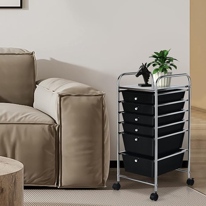 COSTWAY 6-Drawer Rolling Storage Cart, Art Craft Tools Organizer on Wheels | Multifunctional Heavy Duty Utility Mobile Storage Trolley w/ 2 Lockable Wheels for Home Office School (Black)