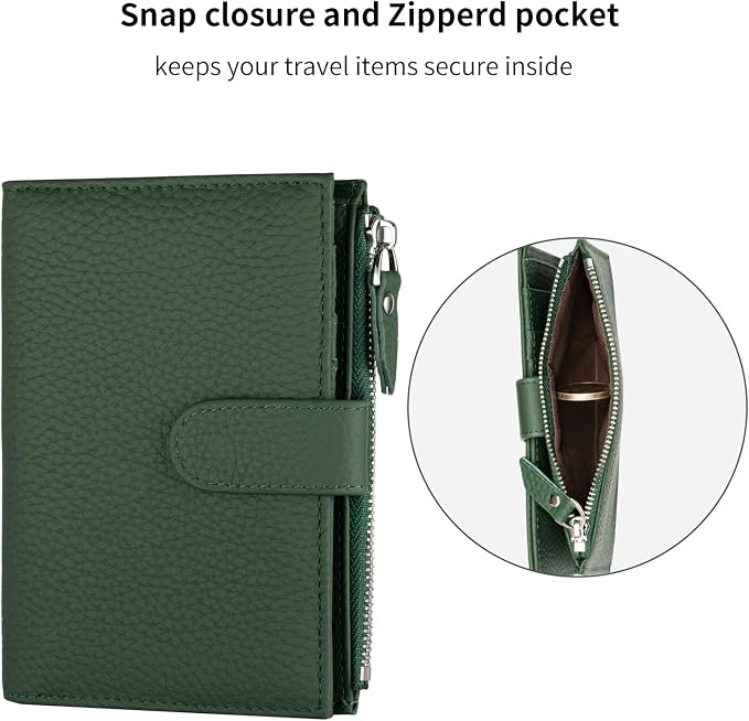 Passport wallet and Card Slot Combo RFID Blocking Leather Travel Passport Wallet for Men and Women with Zippered Coins Pocket Passport holder, Deep Green