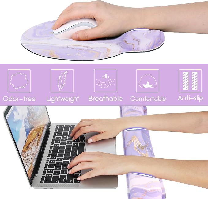 Ergonomic Mouse Pad with Wrist Rest and Keyboard Wrist Rest, Mousepad | Memory Foam Wrist Rest for Computer Keyboard, Pain Relief, Non-Slip Base, Mouse Pad Wrist Support for Gaming, Purple Marble
