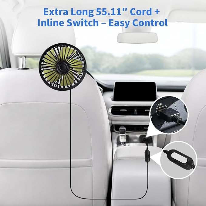 Kwak's Car Fan for Back Seat Clip-on USB, 3-Speed Quiet Portable | 55" Long Cord|Built-in Fragrance Slot|5 Quiet Blades| Reversible Mount| fits Headrest Rods|for Car/Office/Home.