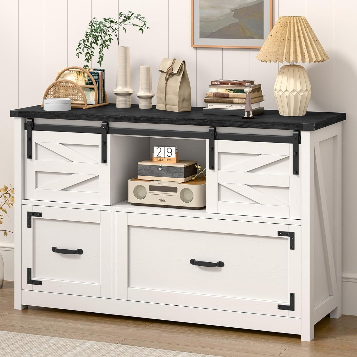 Lateral File Cabinets 2 Drawer with Sliding Barn Doors, Farmhouse Filing Cabinet with 2 Drawer for Home Office，Filing Organization Storage Cabinets for Hanging Files Letter/Legal/F4/A4.(Black.)