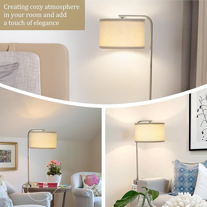 25" Tall Modern Bedside Lamp with USB C+A Ports, Fully Dimmable Table Lamp | NightstanDesk Lamp with Beige Drum Shade, Silver Finish Side Table Lamp for Living Room Bedroom Office, LED Bulb Included