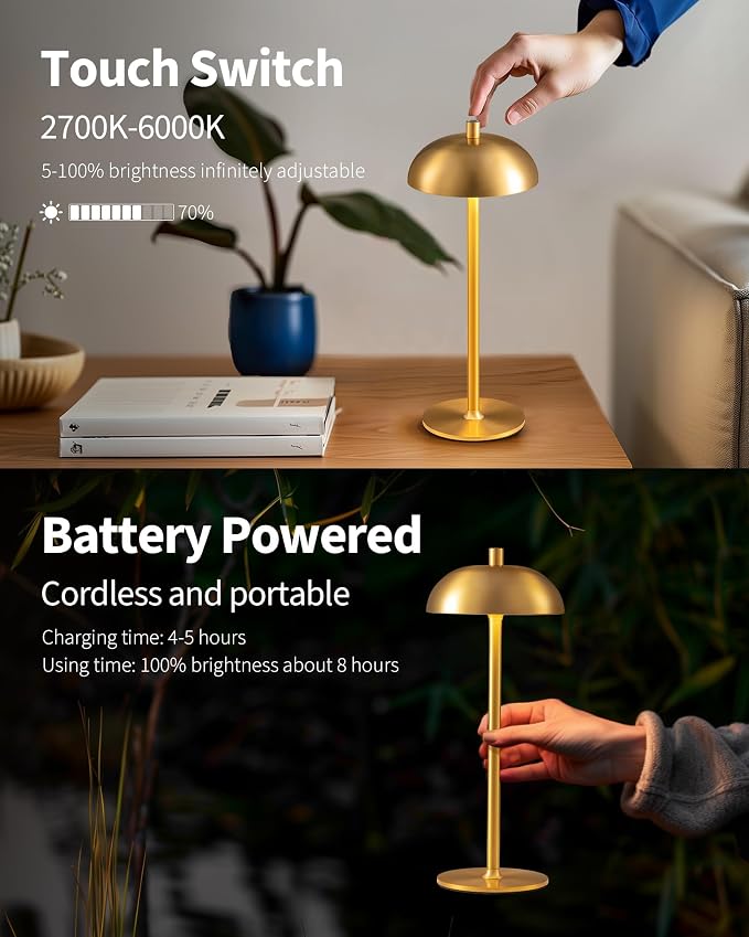 12" Cordless Table Lamps Set of 2, Gold Modern Portable Desk Lamp | LED, 3 Color Dimming, Rechargeable, Battery Operated Lights for Bedroom, Outdoor, Restaurant, Bedside, Night Light, Gifts