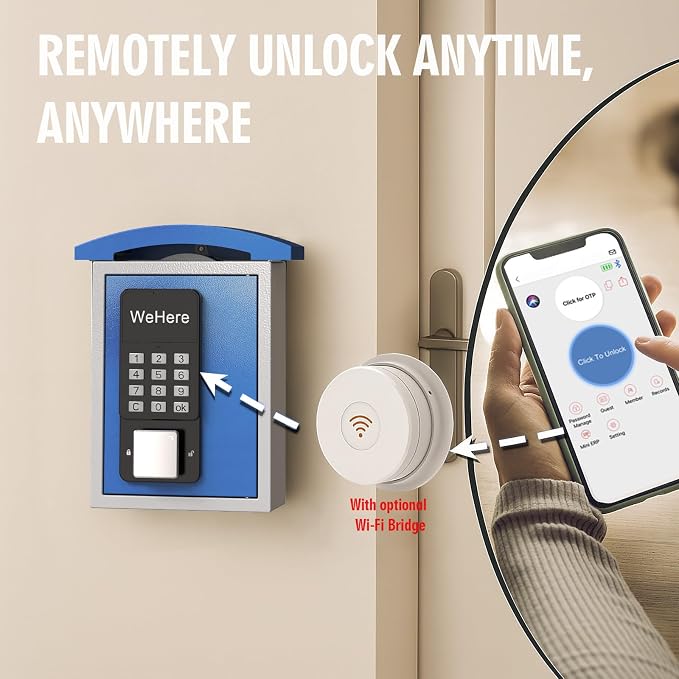 WeHere Key Lock Box Wall Mount with Key Drop Slot, Smart Digital Lockbox, OTP/APP Bluetooth/Wi-Fi/Fixed Code/Key Unlock, Key Safe Security Storage for House Outside, Realty Business, Apartment, Store