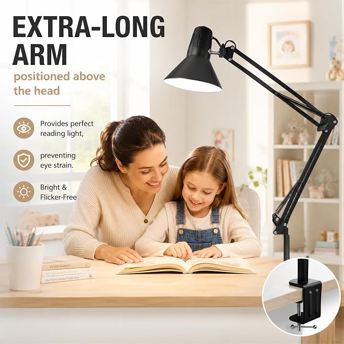 Black Desk Lamp with Clamp, Extra-Tall Adjustable Metal Swing Arm, 5000K | Manicurist Table Lamp for Nail Work, Drafting, Sewing, Crafting, College Dorm and Home Office, A19 Bulb Included