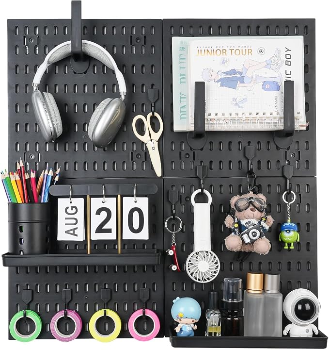 Pegboard Wall Organizer Kit – Heavy Duty 20lbs Load Bearing, Easy Installation, 4 Peg Board Panels 14 Accessories – Multi-Surface Use For Garage, Office, Kitchen & Crafts (Black Pegboard,24″×24″) | 24 x 24 Inch Modular Peg Board Panels with 14 Accessor...