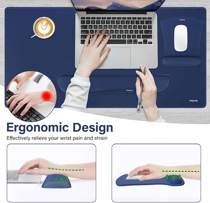 MOSISO Keyboard Mouse Pad Set, Large Gaming Mousepad&Keyboard Wrist Rest&Mouse Wrist Rest&Coaster, Ergonomic Non-Slip Mousepad&Easy Typing Cushion with Memory Foam for Home Office, Navy Blue