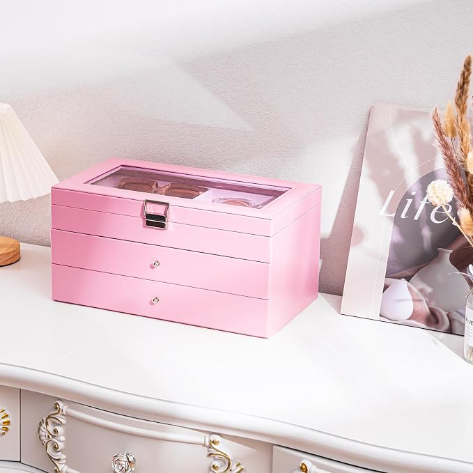 ProCase 3-layer Sunglasses Storage Organizer, 18 Slots Leather Sunglass Box Multiple Pairs Eyeglass Cases Eye Glass Eyewear Display Holder for Men Women -Pink
