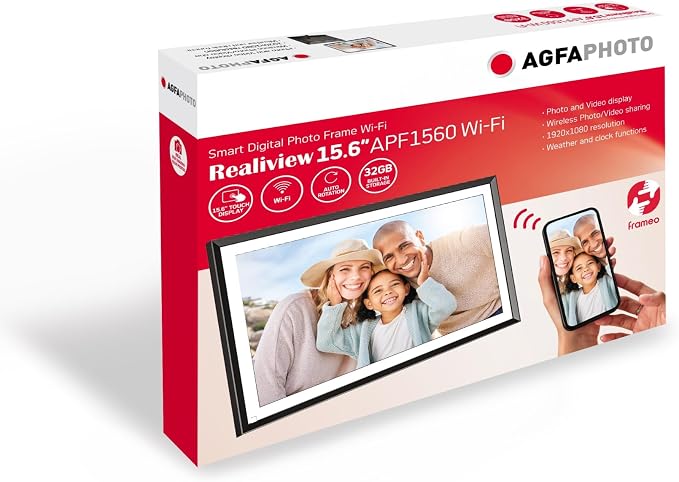 AGFAPHOTO FRAMEO WiFi Digital Picture Frame 15.6 Inch – HD Touchscreen Smart Photo Frame, Phone-Style 16:10 Ratio, Share Photos Instantly via App, 32GB, Auto-Rotate, Clock & Weather, Modern Design