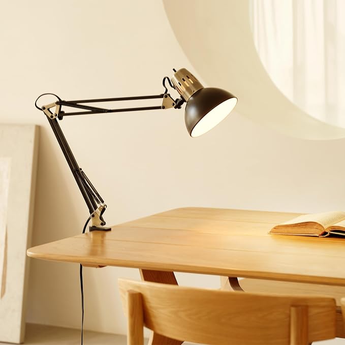 Globe Electric 62000009 32" Multi-Joint Desk Lamp with Metal Clamp, Matte Black, Antique Brass Accents, On/Off Rotary Switch on Shade, Partially Adjustable Swing Arm, Home Décor, Office Accessory