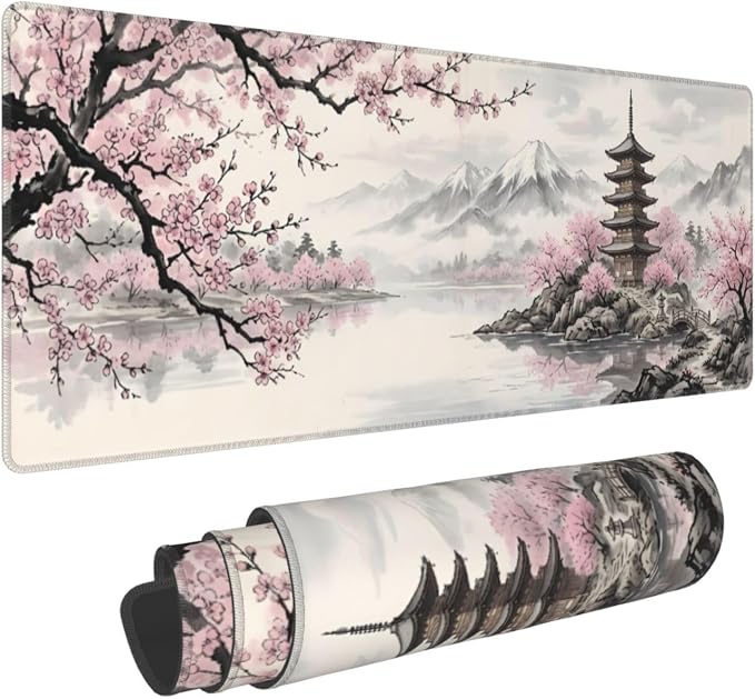 Cherry Blossom Gaming Mouse Pad Large Extended Desk Mat Non-Slip Rubber Base Keyboard Pad with Stitched Edges for Office Gaming 31.5x11.8 in