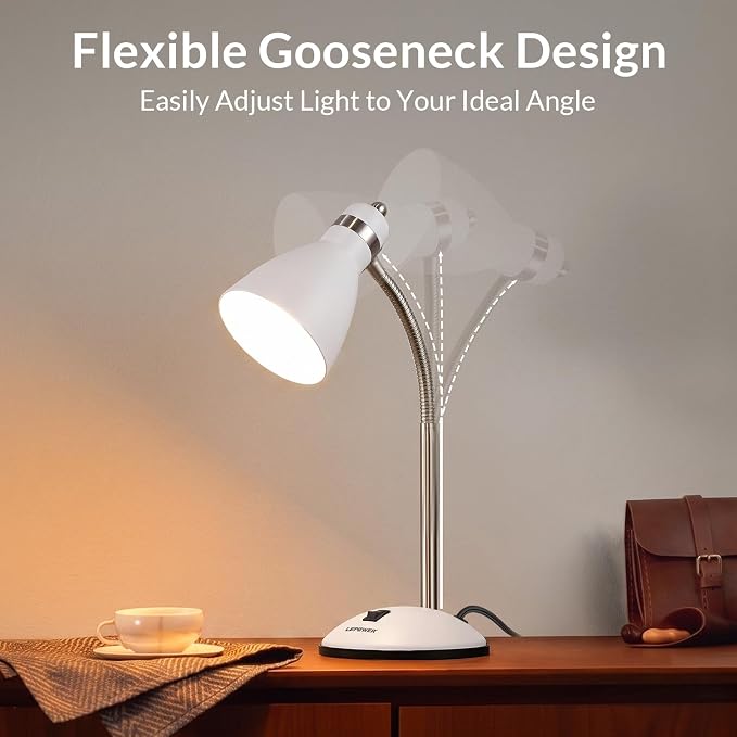 LEPOWER Metal Desk Lamp, Adjustable GooseNeck Reading Light for Bedroom | Compact & Sturdy, Space-Saving for Bedside & Dorm, E26 Table Lamp, Eye-Caring, Ideal for Study, Office, Back to School