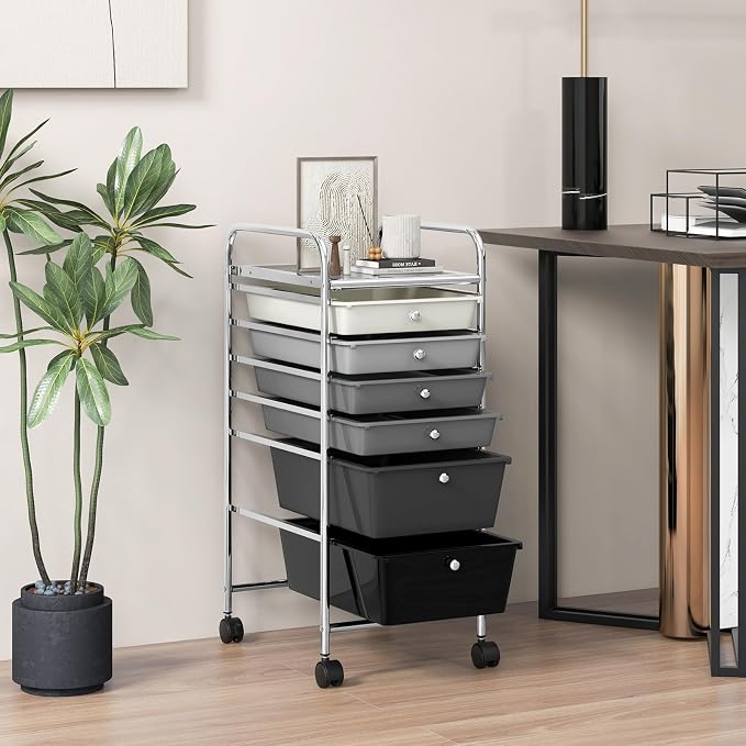 COSTWAY 6-Drawer Rolling Storage Cart, Art Craft Tools Organizer on Wheels | Multifunctional Heavy Duty Utility Mobile Storage Trolley w/ 2 Lockable Wheels for Home Office School (Mixed Black)