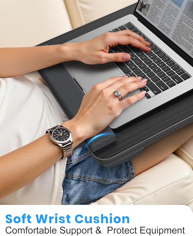 HETTHI Portable Lap Desk, Laptop Stand for Bed with Soft Wrist Rest, Tablet/Phone Slot, Fabric Handle, Laptop Bed Desk with Cushion (Black)