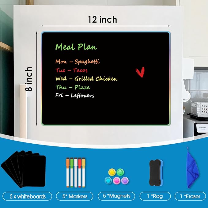 MaxGear Magnetic Whiteboard for Fridge 12x8 Black 5 Pack | Strong Magnet, Dry Erase, Reusable, Easy Clean, Stain Resistant, Meal Planner, Grocery List, Family Notes, Kitchen Organizer