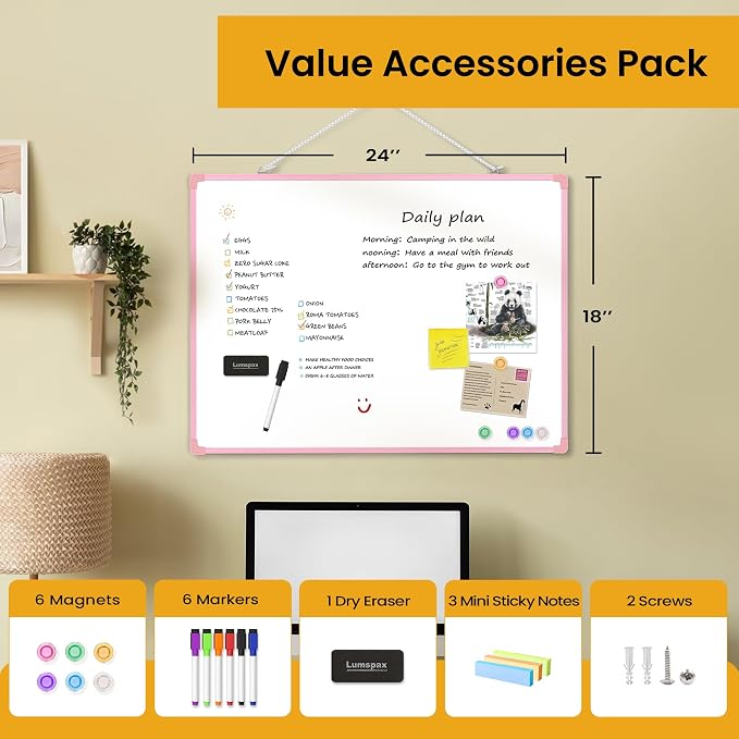 Dry Erase Board for Wall, 24" x 18" Double-Sided Hanging Magnetic Whiteboard with 6 Markers, 6 Magnets and 3 Mini Sticky Notes, Large White Board for School, Home, Office, Pink Frame