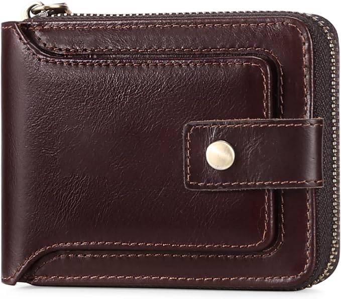 GOIACII Zipper Wallet for Men Genuine Leather RFID Blocking Mens Wallet with Zipper Coin Pocket ID Window Zipper Wallets Large Capacity