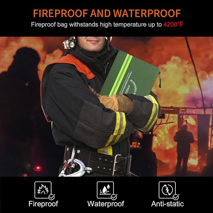 Fireproof Document Bags,14.2”x 10.0”Waterproof Fireproof | Money Bag with Aluminum Foil Lining,Fireproof Safe Storage Pouch with Zipper for Document and Cash，Green