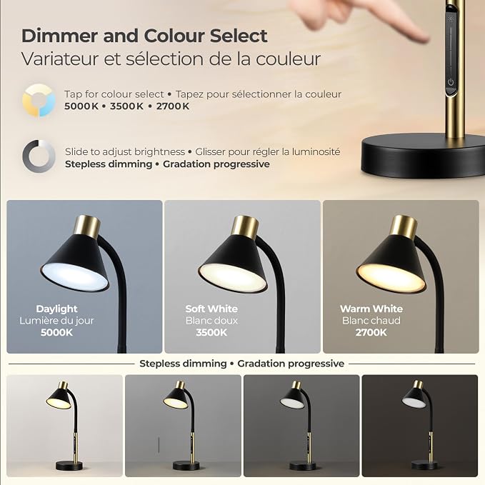 Globe Electric 62000034 15" LED Integrated Desk Lamp, Matte Black, Brass Accent, Adjustable Gooseneck, Dimmable, 3 Color Temperature, 7.5W, 90 CRI, 400 Lumens, Reading Light, Dorm Room Essentials