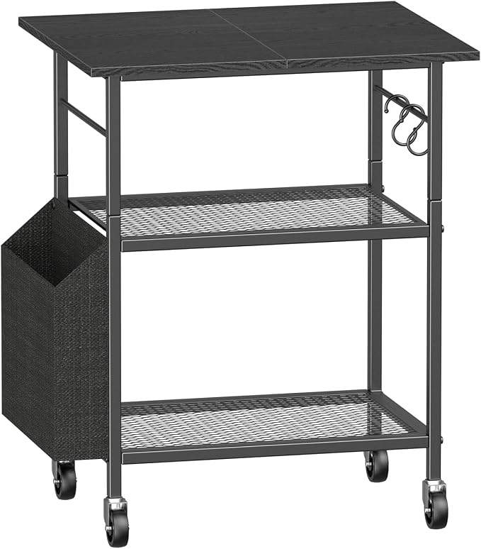 MAHANCRIS 3-Tier Printer Stand, Rolling Printer Table on Wheels, Industrial Storage Stand with Side Pocket, Wooden Tabletop, 2 S-Shaped Hooks, for Home Office, Black PTBK2501