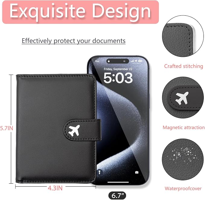 Passport Holder, Cute Travel Wallet Cover with RFID Blocking,Black | PU leather travel wallet with magnetic closure, card slots, pen loop, and easy access for passports and essentials.
