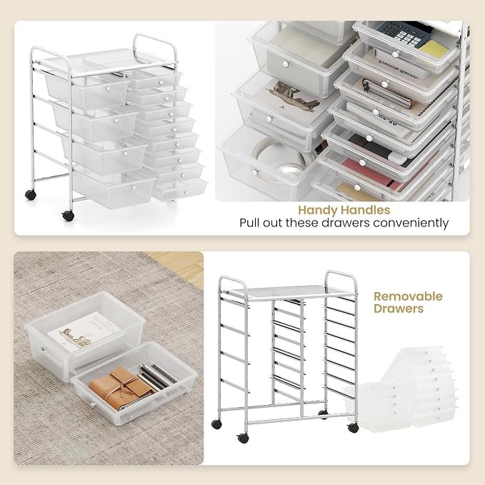 BECOMFORT 15-Drawer Rolling Cart with Drawers, Storage Cart on Wheels, Teacher Classroom Organizers with Metal Frame, Mobile Craft Cart for Tools