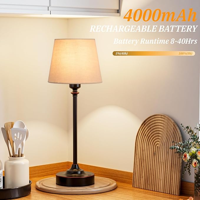 Cordless Table Lamp Rechargeable Bronze - 1 Pack Brass 4000mAH Battery Operated Lamp for Decor, 3000K Stepless Dimming Touch Control Wireless Lamp for Bedroom, Dining Table, Counter, Living Room