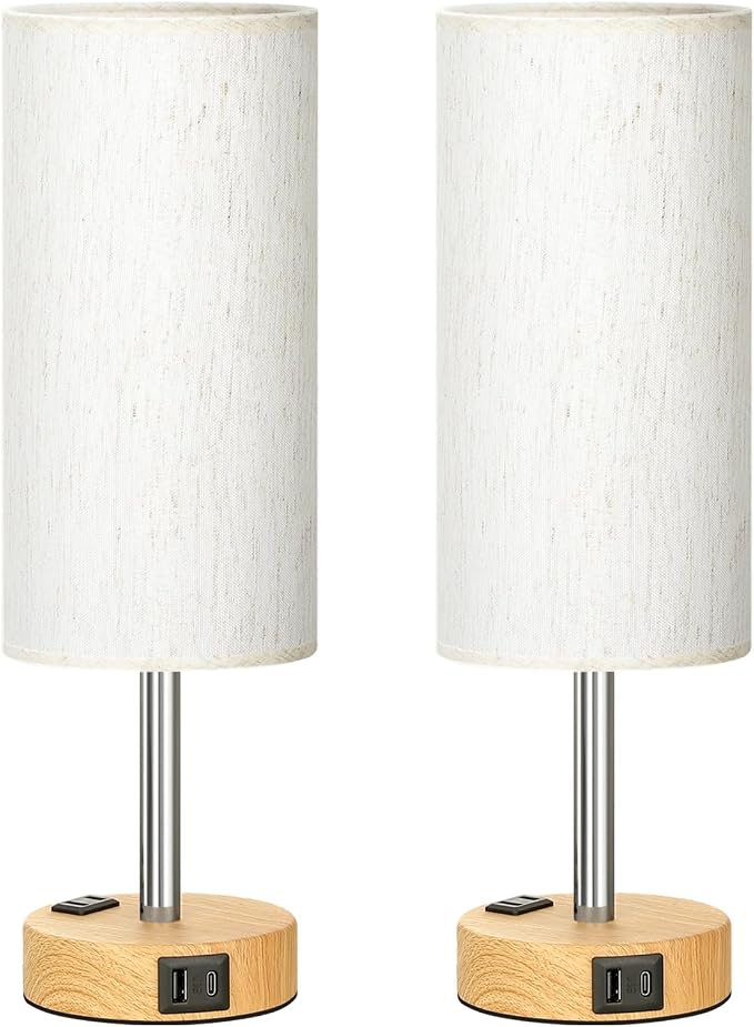 Touch Bedside Table Lamps Set of 2 - Bedroom Lamp with USB A+C, AC Outlet | 3-Way Dimmable, LED Bulb Included, Linen-Texture Fabric Lampshade, Wood-Grain Metal Base, 14" Small Nightstand Lamp for Dorm