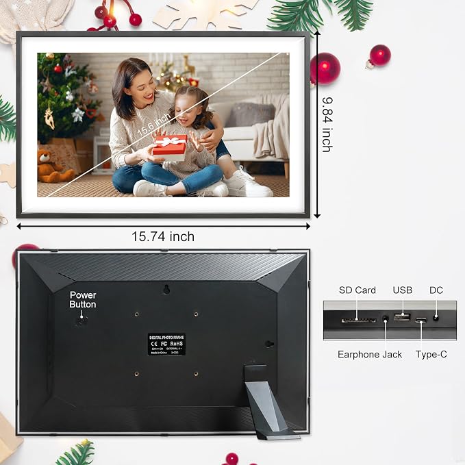 Digital Picture Frame 15.6 Inch Large Frameo Digital Photo Frame，32GB, 1920 * 1080 IPS HD Touch Screen, Electronic Picture Frame IPS Touch Screen with Auto-Rotate, Frameo Digital Frame WiFi(Black)
