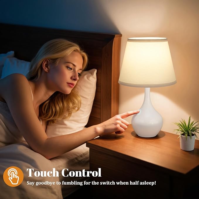 16.1" Touch Table Lamp for Nightstand, 3 Way Dimmable Small Bedroom Lamp | Touch Control, Bulb Included, White Bedside Lamps for Desk, Night Stands, Living Room, End Table, Corded