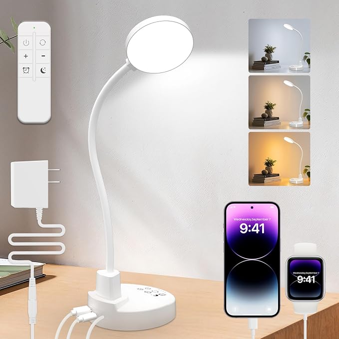 15W LED Desk Lamp with USB Charging Ports, [Button & Remote Control] Dimmable Table Lamp with 3 Color Modes, 5 Brightness Levels, 4 Timers, Flexible Reading Light for Home Office, Bedroom, Kids Study