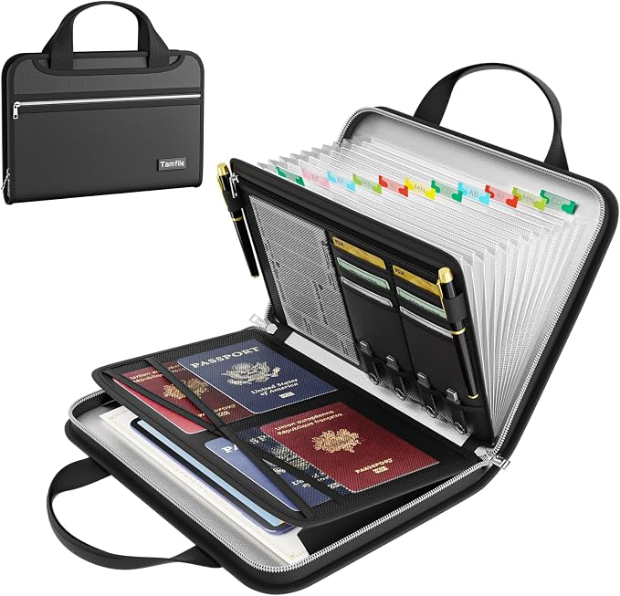 Tamfile Accordion File Organizer, Fireproof Important Document Organizer | Heat Insulation, 13 Transparent Pockets, Portable Home Travel Safe Storage Expanding File Folder for A4, Letter, Paper, Black