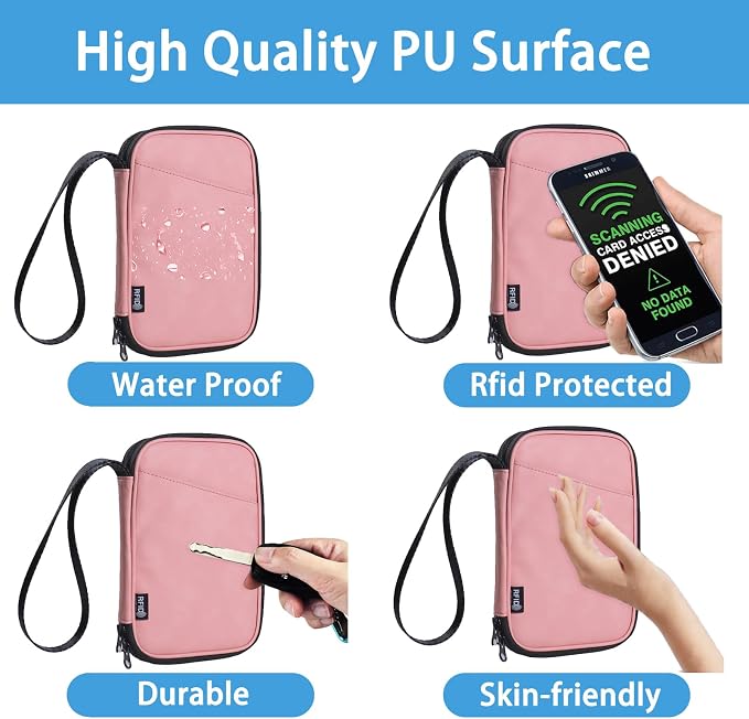 Lagre Family Passport Holder for 4, Pink | Multiple Passport Bag, RFID Blocking, Waterproof with Zipper, For Women & Men
