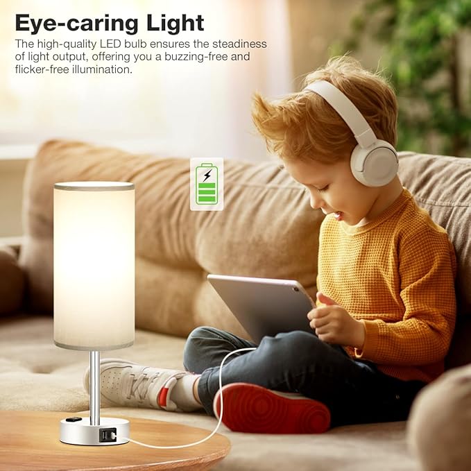 Grey Nightstand Table Lamp for Bedroom - 3 Way Dimmable Bedside Lamp USB C A Charging Ports and AC Outlet, Small Table Lamp Silver Base for Living Room, Office Desk, LED Bulb Included