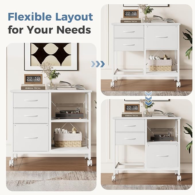 DUMOS 3 Drawer Mobile File Cabinet, Rolling Printer Stand with Storage | Fabric Lateral Filing Cabinet fits A4/Letter Size, Under Desk Drawer Cabinet, Printer Cart for Home Office, White