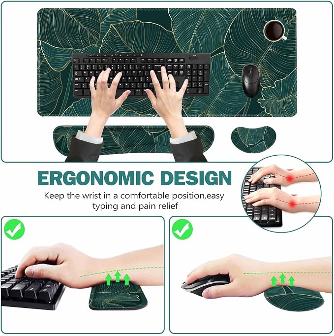 ToLuLu Extended Gaming Mouse Pad, Ergonomic Keyboard Mouse Wrist Rest Set | Large Desk Mat with Stitched Edges, Non-Slip Base Memory Foam Mousepad Support for Home Office Game, Green Golden Leaves
