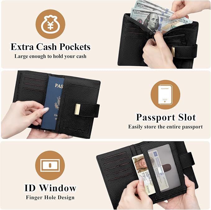 BKNOOU RFID Blocking Passport Holder with Airtag Slot- Leather Travel Passport Wallet for Women & Men, Slim Bifold Travel Passport Holder Holds Cards & Tickets & Cash (Black)